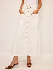 Cotton Button-Front Midi Skirt with Belt