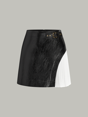 Color-Block Pleated-Panel PU Leather Mini Skirt