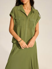 Rolled-Sleeve Pocketed Chiffon Shirt and Midi Skirt Set