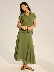 Rolled-Sleeve Pocketed Chiffon Shirt and Midi Skirt Set