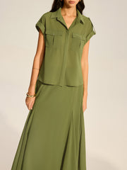 Rolled-Sleeve Pocketed Chiffon Shirt and Midi Skirt Set