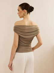 Off-Shoulder Ruched Top with Metal Buckle