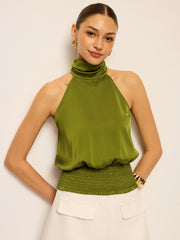 Satin Halter Neck Top with Smocked Waist