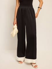 Satin Wide-Leg Pants with Contrast Cuffs