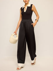 Satin Wide-Leg Pants with Contrast Cuffs