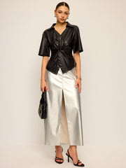 PU Leather Short Sleeve Twisted Blouse