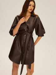 Faux Leather V-Neck Belted Mini Dress