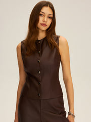 PU Leather Button Sleeveless Vest