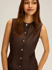 PU Leather Button Sleeveless Vest