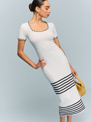 Textured Knit Midi Dress with Striped Hem