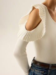 Cold Shoulder Ruffle V-Neck Knit Top