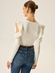 Cold Shoulder Ruffle V-Neck Knit Top