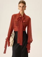 Semi-Sheer Chiffon Tie Neck Blouse