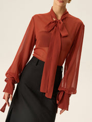 Semi-Sheer Chiffon Tie Neck Blouse