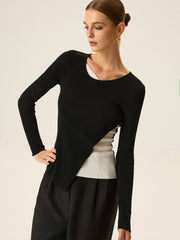 2 in 1 Color-Block Asymmetric Ribbed Knit Top