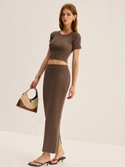 Knit Backless Short-Sleeve Top and Slit Midi Skirt Set