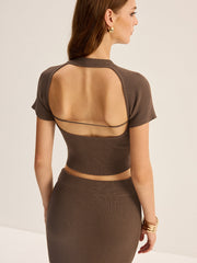 Knit Backless Short-Sleeve Top and Slit Midi Skirt Set