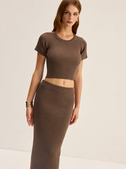 Knit Backless Short-Sleeve Top and Slit Midi Skirt Set