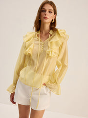 Semi-Sheer Tencel Ruffle Tie Neck Blouse