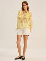 Semi-Sheer Tencel Ruffle Tie Neck Blouse