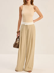 Contrast Waistband Wide-Leg Pants