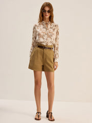 Leaf Printed Tie-Neck Rayon Shirt