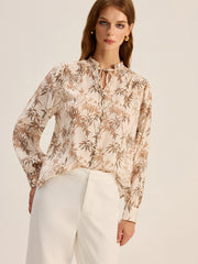Leaf Printed Tie-Neck Rayon Shirt