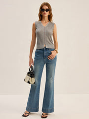 Ribbed V-Neck Button-Front Knit Vest