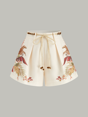Belted Tropical Print Mid-Waist Shorts
