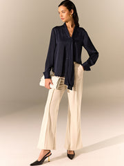 Tie-Neck Long-Sleeve Satin Blouse