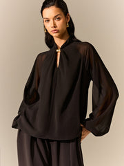 Semi-Sheer Chiffon Blouse with Neckline Metal Detail