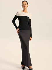 Two-Tone Ribbed Wool Blend Sweater without Belt