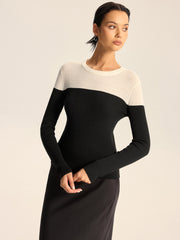 Two-Tone Ribbed Wool Blend Sweater without Belt