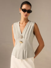 Pleated V-Neck Top with Metal Detail