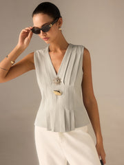 Pleated V-Neck Top with Metal Detail