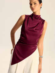 Satin Cowl Neck Asymmetric Hem Top with Back Zipper