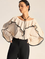 Contrast Trim Ruffle Collar Blouse