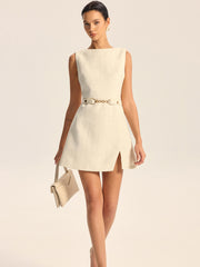 Tweed Slit Mini Dress with Detachable Belt