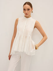 Semi-Sheer Pleated Mock Neck Blouse