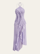 Chiffon Pleated Ruffle Halter Neck Maxi Dress