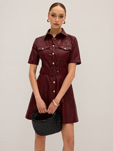 Shirt Collar Belted PU Leather Mini Dress