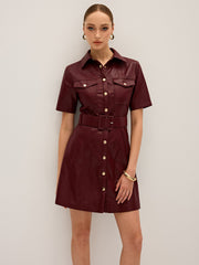 Shirt Collar Belted PU Leather Mini Dress