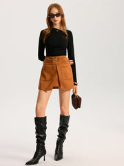 Metal Buckle Slit Suede Effect Mini Skirt