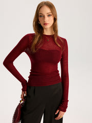 Semi-Sheer Wool-Blend Long Sleeve Knit Top