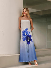 Floral Print Gradient Strapless Pleated Maxi Dress