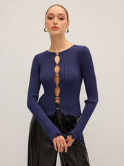 Metal Detail Cut-Out Ribbed Knit Top