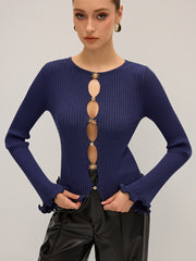Metal Detail Cut-Out Ribbed Knit Top