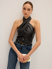 PU Leather Cross Halter Neck Top