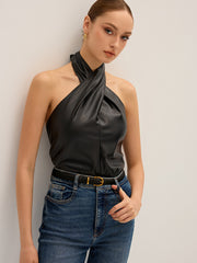 PU Leather Cross Halter Neck Top