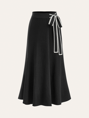 Contrast Bow Belt Ribbed Knit Midi Skirt